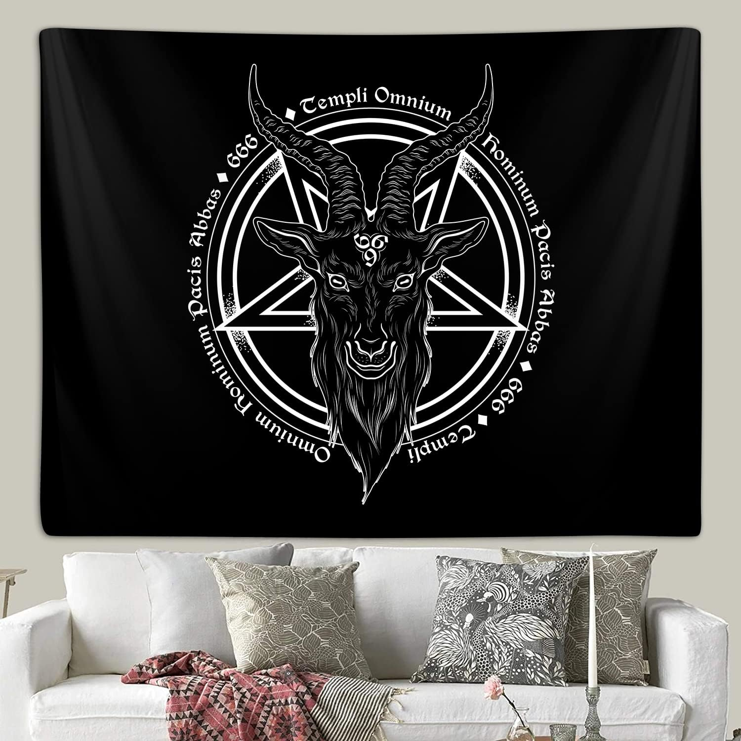 Satanic Pentagram Tapestry for Bedroom, Baphomet Statue Art Goat Head Skull Pagan Tapestries Wall Hanging for College Dorm Living Room Men Decor 60"X40", Black and White Gothic Demon Poster image number 1