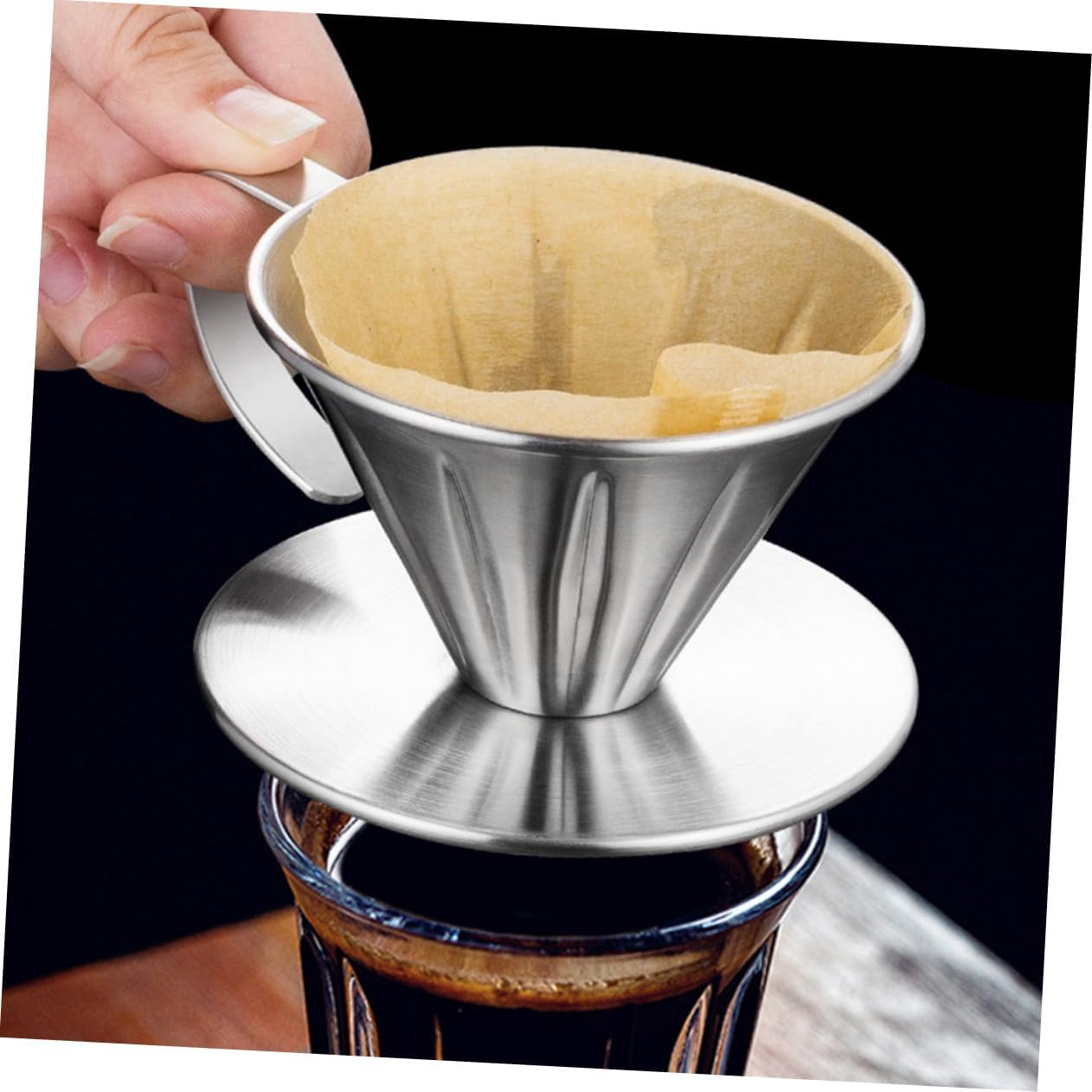 GAXIRE Stainless Steel Coffee Filter and Tea Strainer Reusable Drip Funnel with Handle and Base for Home Brewing image number 4