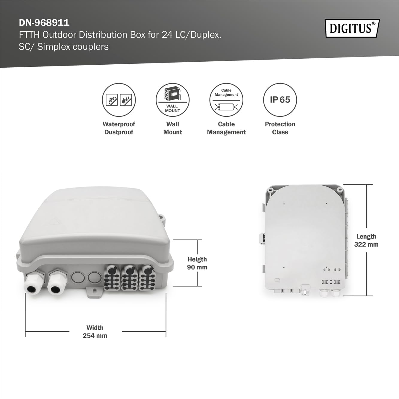 Digitus Professional DN-968911 Outdoor FTTH Distribution Box for 8X SC Simplex Adaptor / 24 Splices image number 4
