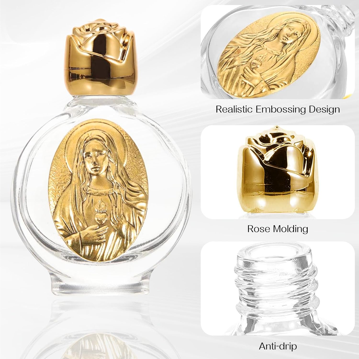 12 Pcs Embossed Holy Water Bottles 0.5 Floz Glass Water Bottle Portable Holy Water Container Church Blessing Decorations Bottles for Home Wedding Baptism Party Favors(Gold,Immaculate Heart of Mary)