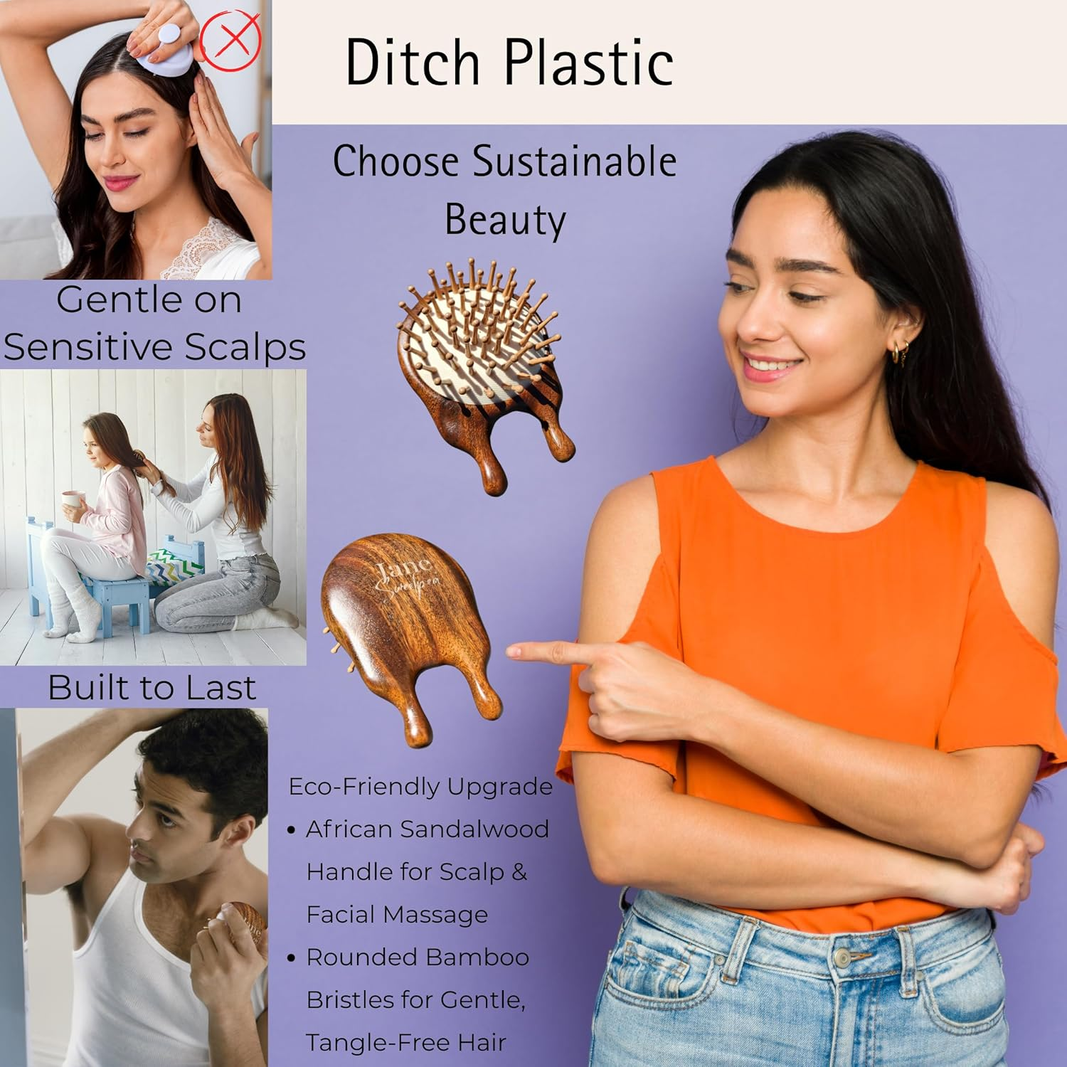 Jane Sweetpea Sandalwood Scalp & Facial Massage Brush with Bamboo Bristles &ndash; Compact Wooden Detangler, Anti-Static, Eco-Friendly, Natural Jute Storage Bag image number 6