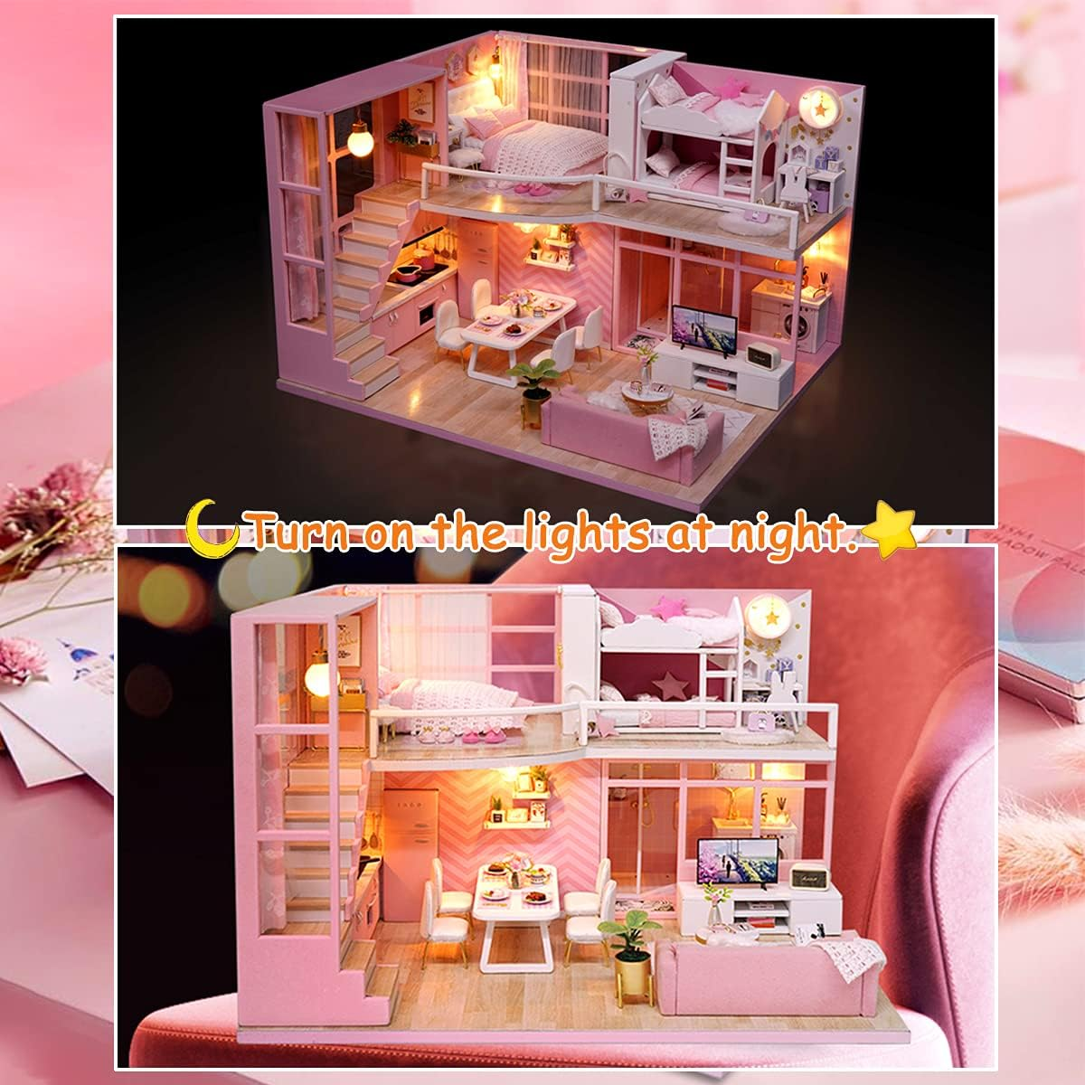 Tukiie DIY Miniature Dollhouse Kit with Furniture, 1:24 Scale Creative Room Mini Wooden Doll House Accessories plus Dust Proof & Music Movement for Kids Teens Adults(Dream Angels) image number 6