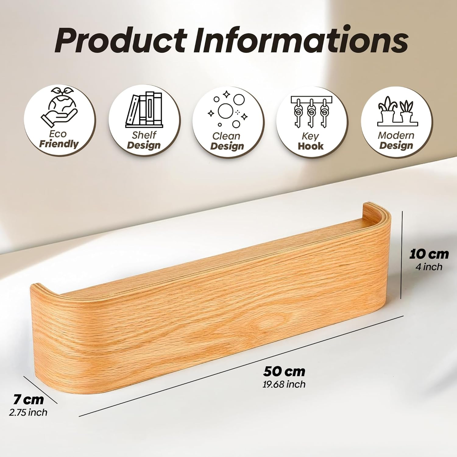 PEACE KINGDOM Wall-Mounted Wooden Coat Rack with Shelf, 50 Cm Modern Design Entryway Hat Towel Robes Coat Hanger with Hidden Metal Wall Hooks for Office, Bathroom, Living Room and Bedroom (Oak) - Walnut image number 3