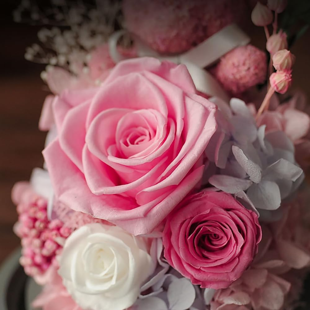 Pink Eternal Rose in Glass Dome with Moss Bear | Romantic Valentine'S Her | Long-Lasting Floral Arrangement | Home Decor with Warm Night Light (Pink)