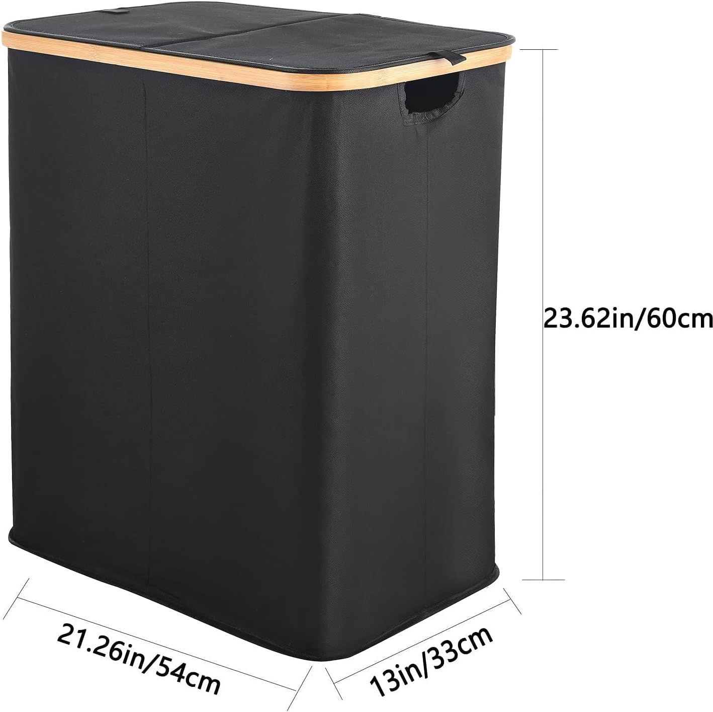 ALINK Divided Folding Bamboo & Canvas Laundry Hamper- Double Large Laundry Basket with Lid - Modern Collapsible Hamper with Handles, Waterproof Liner, Great for Adults, Bathroom, Living Room-Black image number 6