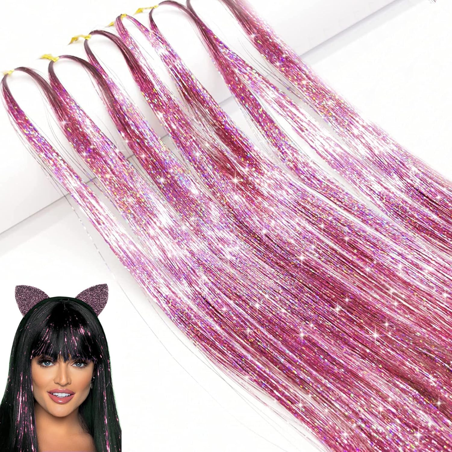 Hair Tinsel Extensions 1200 Strands &ndash; 47Inch Long Sparkle Glitter Hair Highlights, Holographic Fairy Shiny Tinsel Extensions for Women &ndash; Party, Festival and Christmas Hair Decorations (Pink)