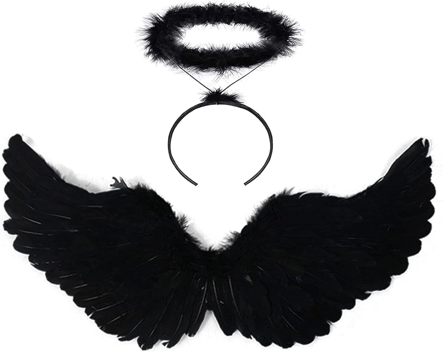 Angel Wings Black, 60 Cm Costume with Halo and Wand, Women'S and Girls' Black Feather Wings, Angel Decoration image number 1