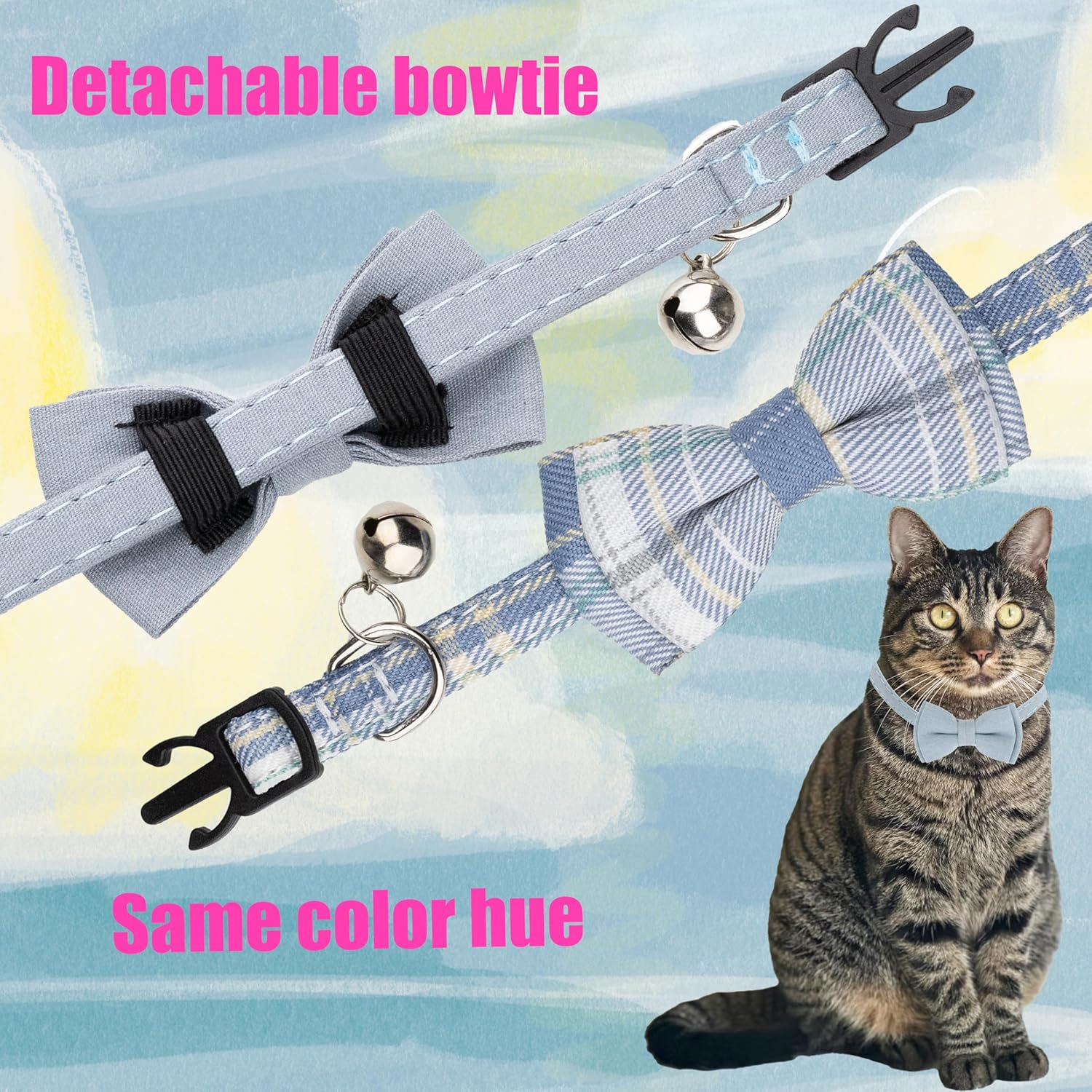 Gyapet Cat Collar Breakaway Bowtie Safety with Bell Adjustbale Kitten Puppy Solid Plaid Color Set D-[2Pcs] Blue