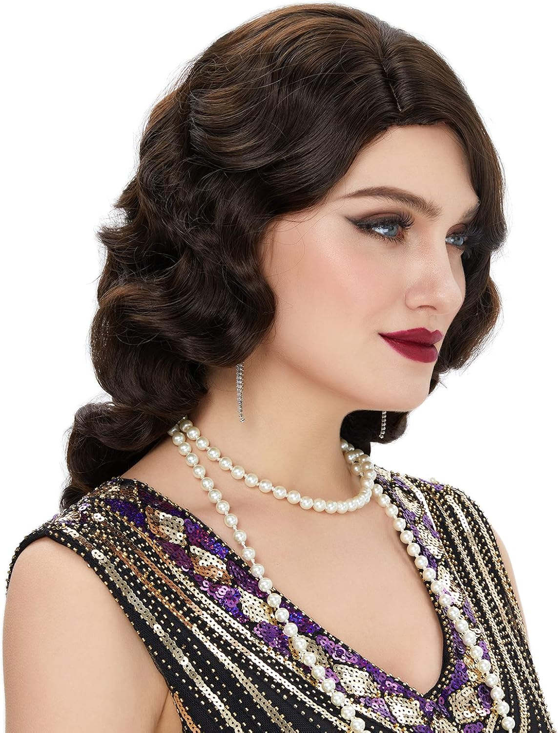 Stfantasy 1920S Brown Retro Finger Wave Wigs Long Curly Natural Wavy Synthetic Wig for Women Daily Costume Party (4357#6)&hellip; (Brown) image number 4