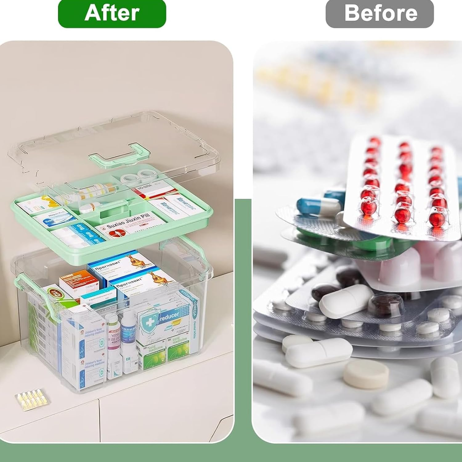 Clear Medicine Organizer Storage Box Large Capacity Plastic Pills Box Thickened Medicine Container Chest Multipurpose Medical Case with Labels Medical Home Storage & Organisation with Lids Handles image number 5