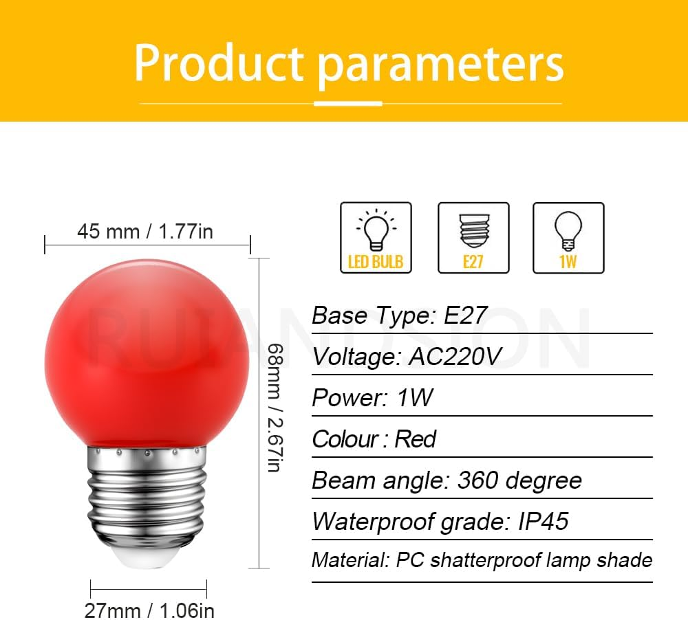 Ruiandsion E27 G45 1W Golf Ball LED Bulbs, Red Color Decorative Lights for Indoor Outdoor Christmas String, Wedding Party Decoration (Pack of 5) image number 6