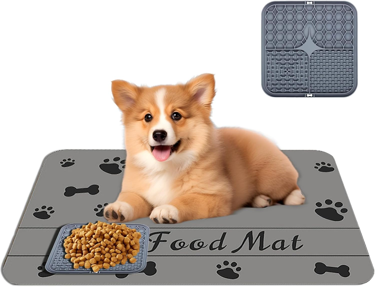 KASESSS Feeding Mat for Dogs, Cats, 30 X 50 Cm and Licking Mat Set, Absorbent Feeding Bowl Mat, Non-Slip Bowl Mat, Dogs, Cats, Quick-Drying Mat, Dog Bowl, Grey, Dog Accessories image number 4