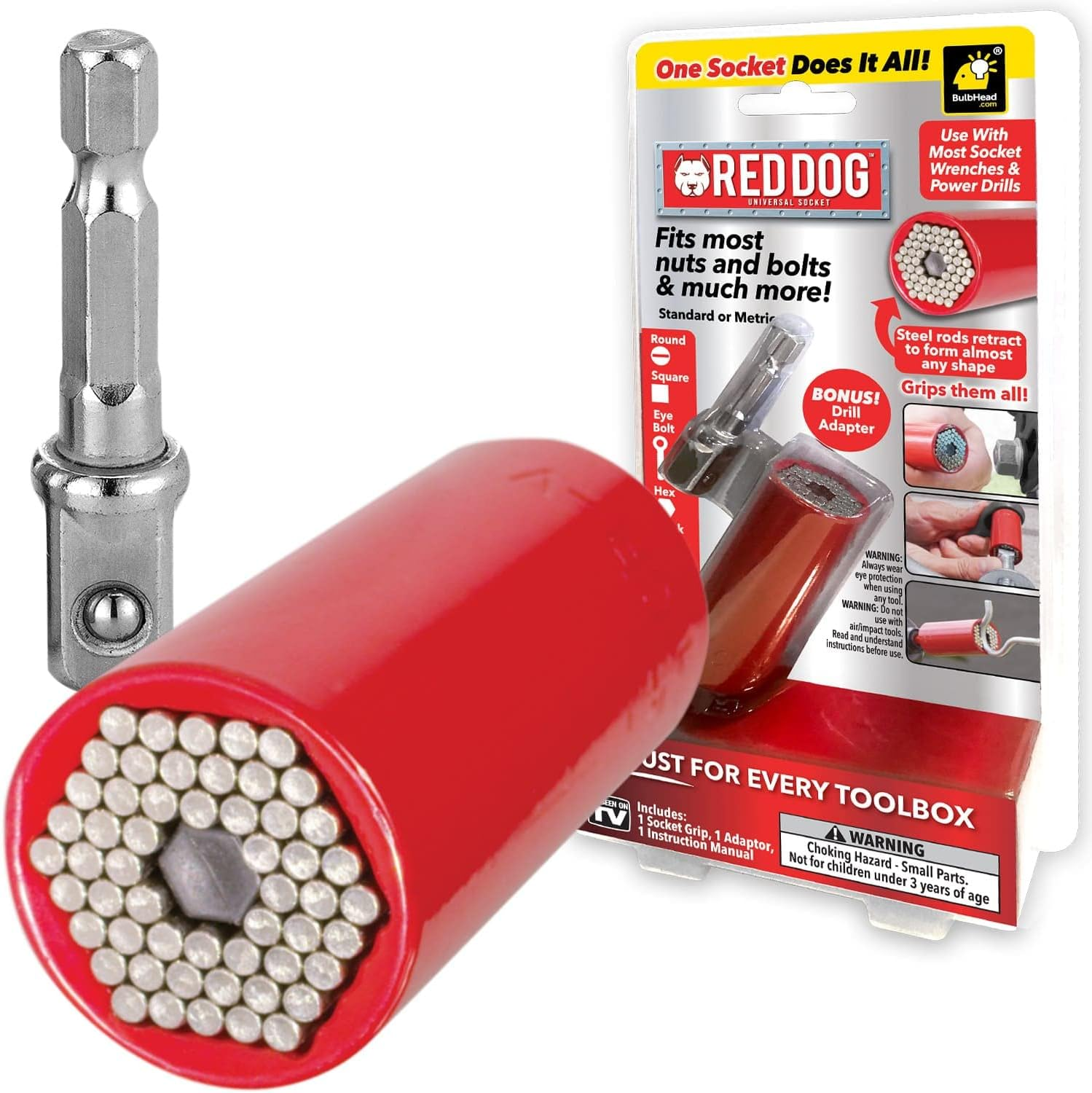 Red Dog Socket W/Bonus Drill Adapter AS-SEEN-ON-TV, Fits Most Nuts, Bolts, Use with Most Socket Wrenches & Power Drills, Steel Rods Retract to Form Almost Any Shape, Standard or Metric, 2 In. image number 2