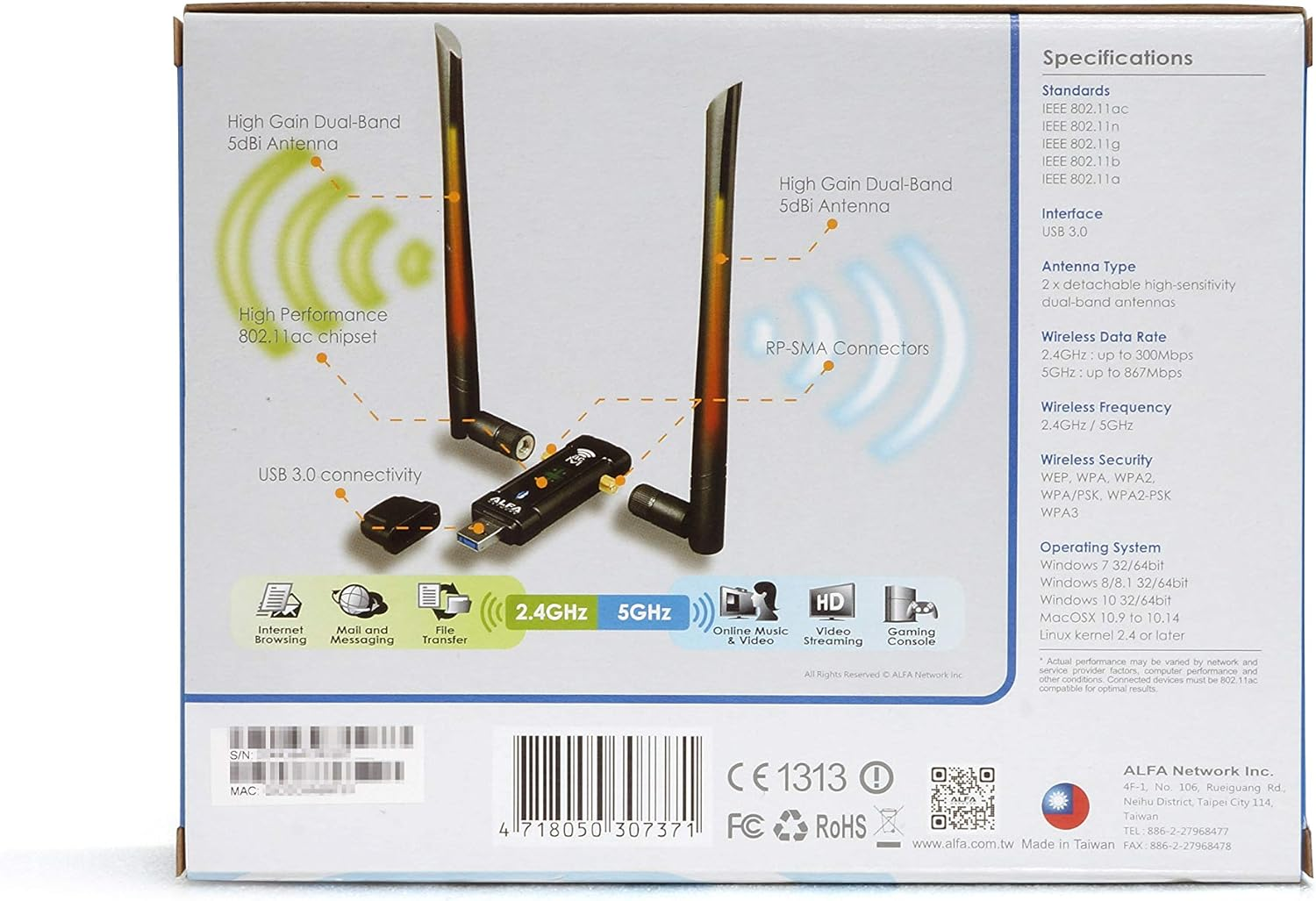 Alfa Long-Range Dual-Band AC1200 USB 3.0 Wi-Fi Adapter W/ 2X 5Dbi External Antennas - 2.4Ghz 300Mbps/5Ghz 867Mbps - 802.11Ac & A, B, G, N - Windows, Macos & Kali Linux Supported - (AWUS036ACM) image number 1