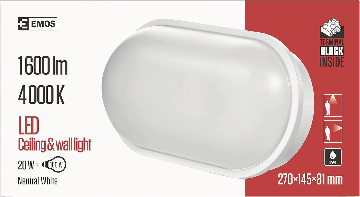 EMOS ZM3020 LED Wall Light and Ceiling Light 20 W Oval IP65 Waterproof 1600 Lm Oval Light Outdoor Light for Balcony, Basement, Garage, Outdoor, Neutral White 4000K, 27 X 14.5 Cm image number 1