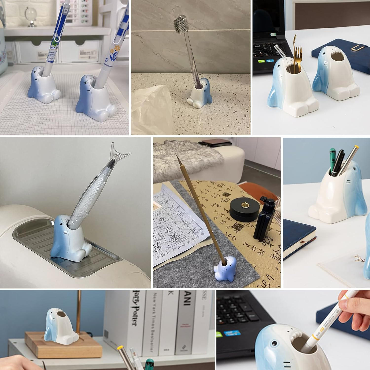 Cute Pen Pencil Holder,Kawaii Resin Animals Organizer,Creative Shark with Wide Mouth Pencil Holder,Cartoon Toothbrush Holder,Mini Storage Decorations for Office Desk Dressing Table(Shark) image number 4