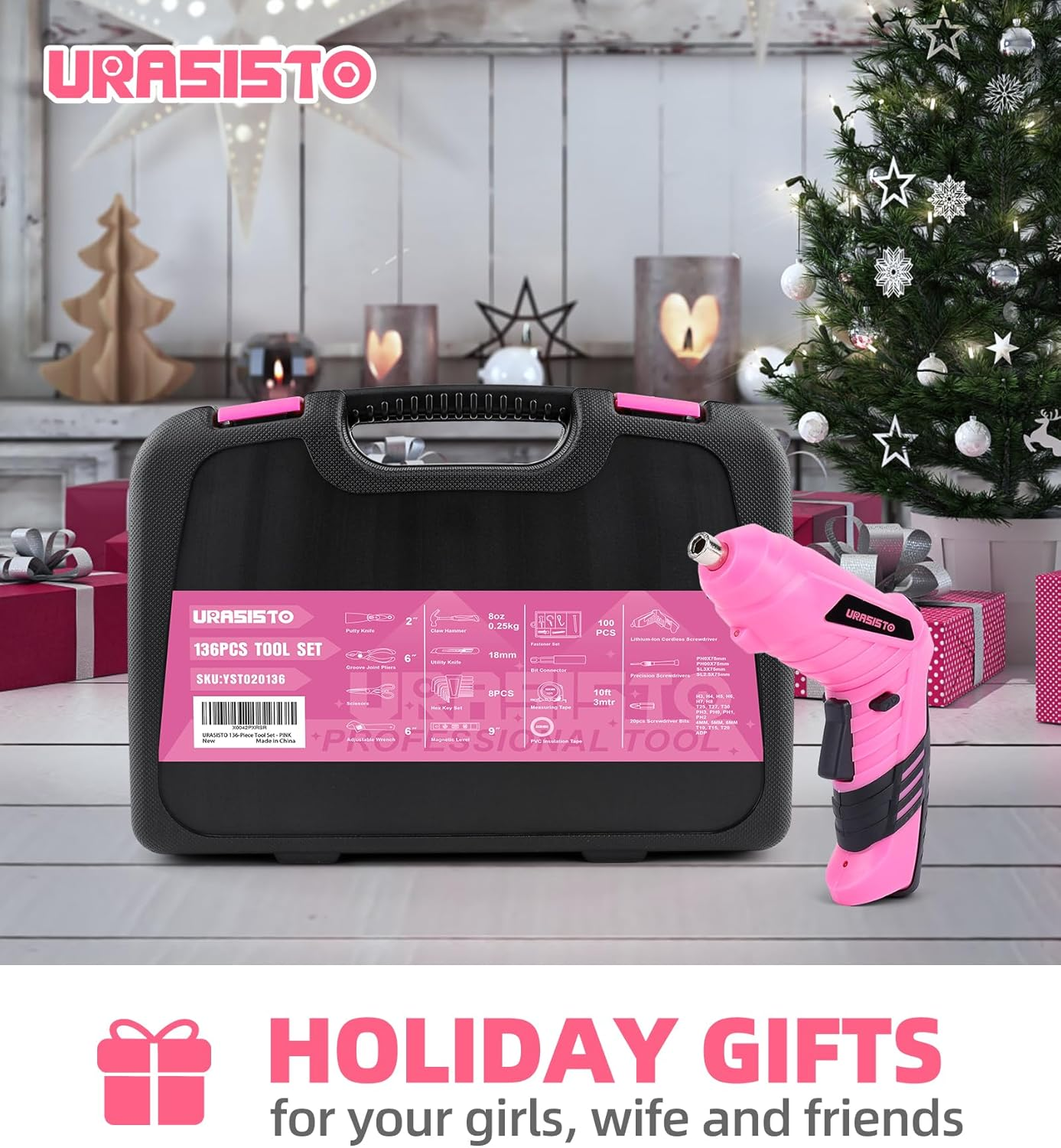 URASISTO Pink Household Tool Set with 3.6V USB Electric Screwdriver, 136 PCS Home Tool Kit with Cordless Lithium-Ion Drill Driver, Hand Tool Kits for Women image number 2
