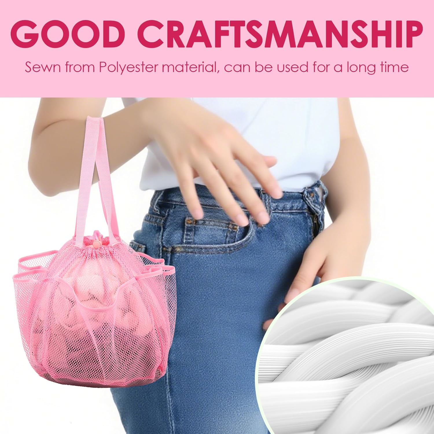 DJAPWPX Mesh Shower Caddy Double Handle Beach Toiletry Bag Drawstring Design Large Capacity for Travel Camping for People (Pink) - Pink image number 2