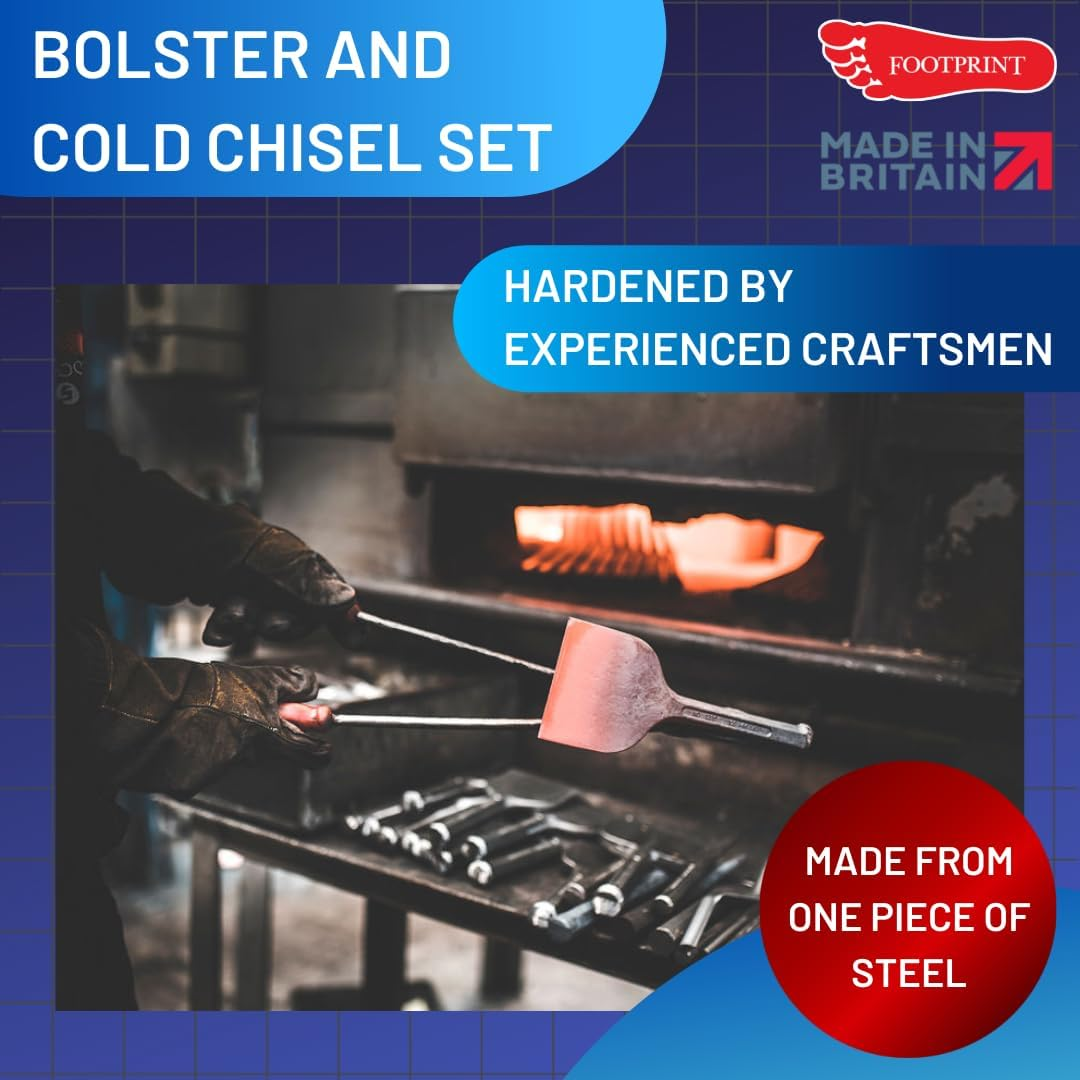 Footprint Small Bolster and Cold Chisel Set - Small Bolster (9"X21/4", 230X57Mm) and Cold Chisel (10X3/4", 250X19Mm) - Made in Sheffield, Britain - Forged from Head to Blade - Hardened Cutting Edges image number 1