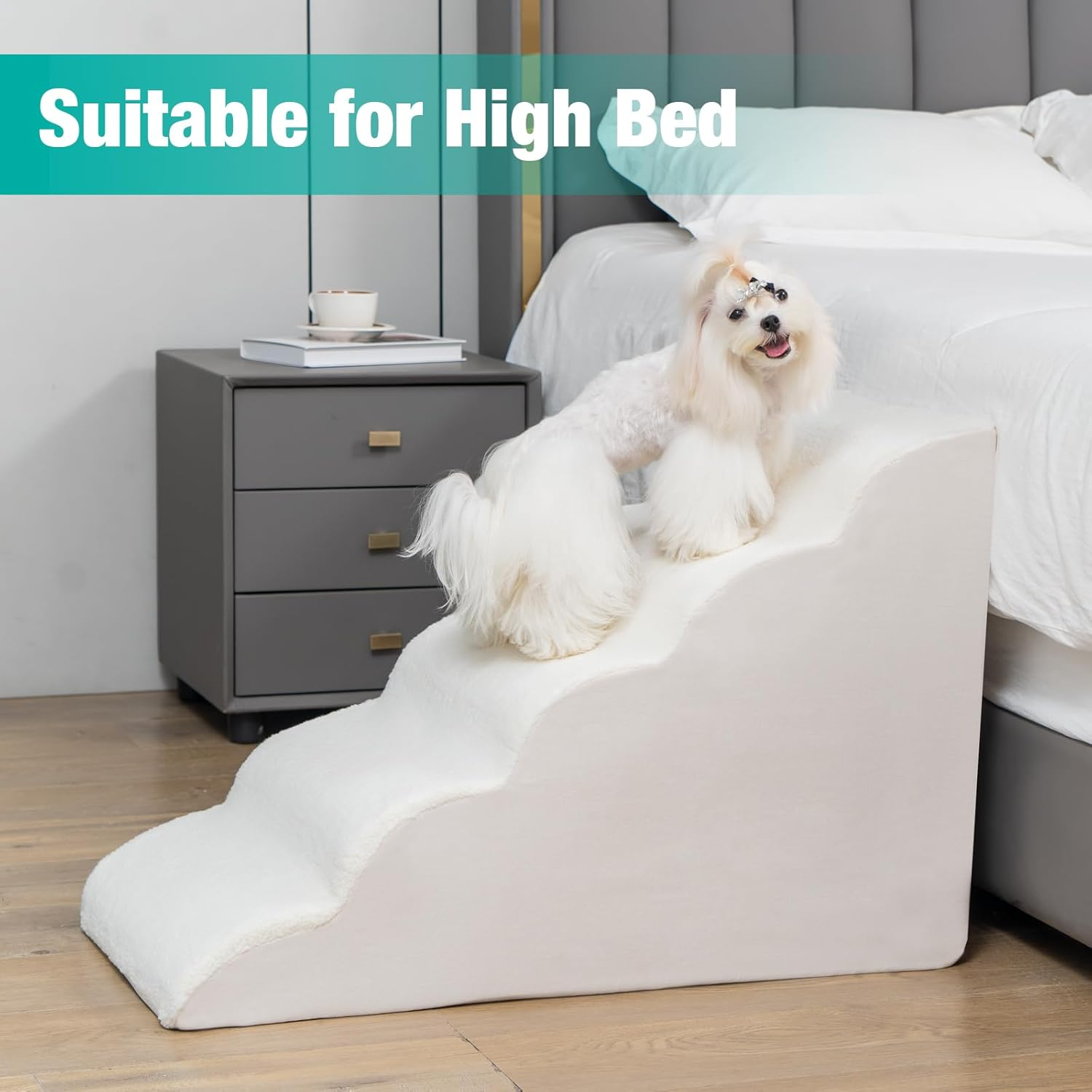 Uross Dog Stairs for Small Pet 60CM Height - Dog Steps Ramps for Bed Couch, High Density Foam Pet Stairs for Dogs to Get on Bed, 5 Tiers Cat Doggy Steps Ramps for Joint Pain(Beige image number 6