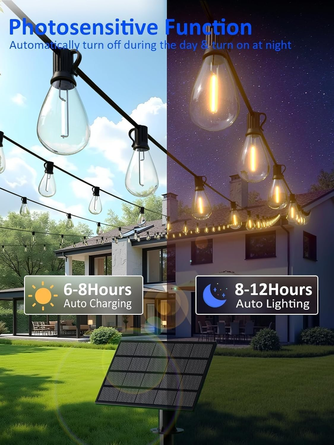 Solar String Lights, 30M Outdoor Waterproof with 50+1 LED Bulbs Long Last for 20+Hrs, Commercial Grade Shatterproof USB Patio Solar Powered Lights for Camping, Backyard, Garden, Porch Decor (30M) image number 6