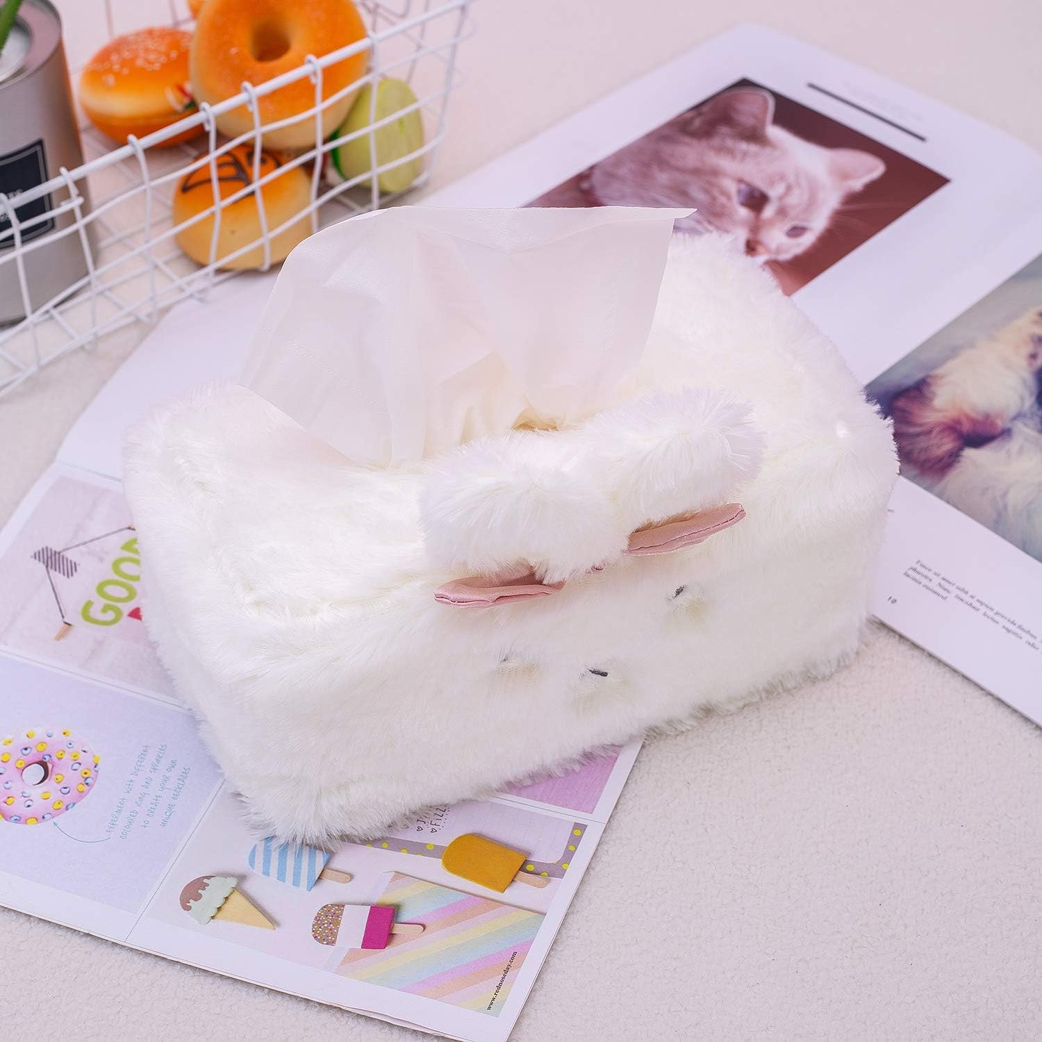 SQUISHY DOT Cute Tissue Box Cover, Tissue Box Cover, Tissue Holder Decorative, Fluffy Plush Cover, Office Desk, Bedroom/ Living Room and Car Accessories, Bunny Rabbit Tissue Box Cover, Kawaii Plush image number 2