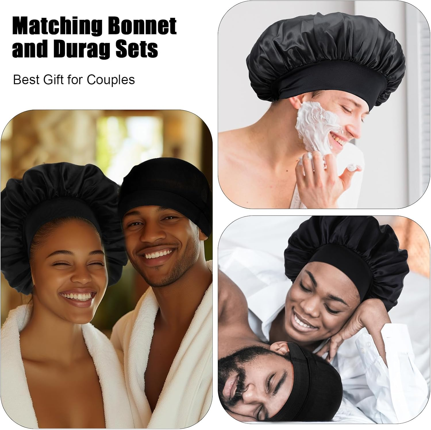 Wanmu Silk Bonnet with Wave Caps, Soft Satin Hair Bonnets & Compression Cap, Elastic Band Sleep Hat for Sleeping Men Women Natural Curly Hair (Black) image number 4