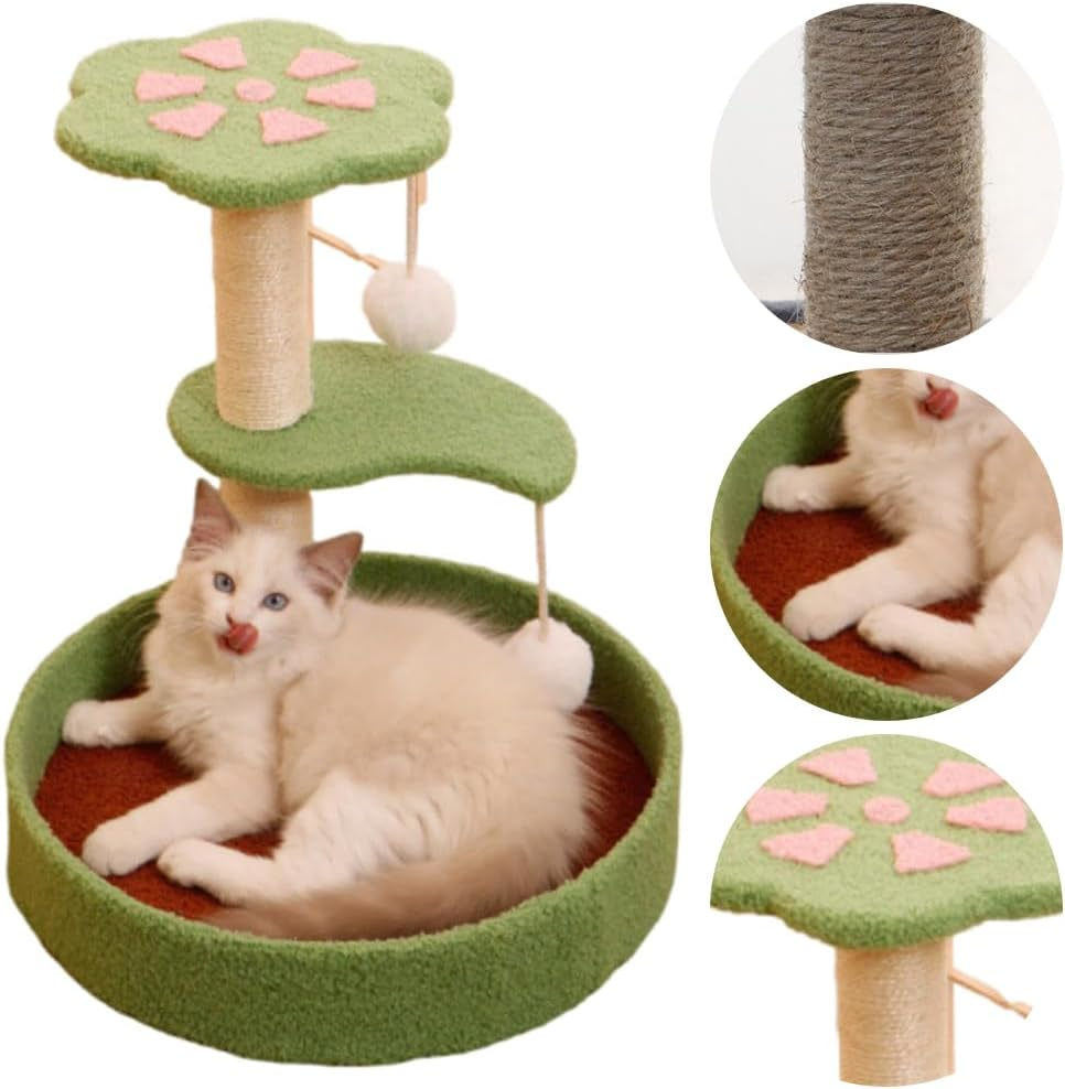 3 Tiers Cat Activity Tree, Cat Scratching Board, Integrated Vertical Cat Column, Kitty Tower with Sisal Scratching Post, Cat Furniture Suitable for Playing and Exercise (Green, 40 * 40 * 43 CM) ﻿