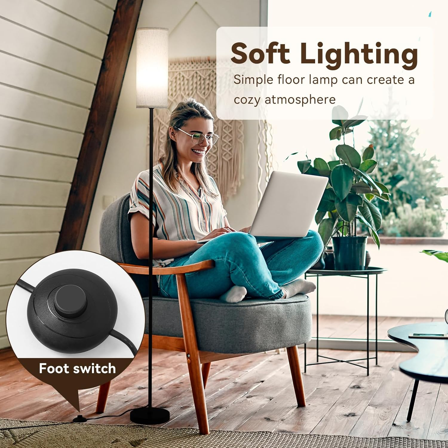 LED Floor Lamp for Living Room,Dimmable Standing Lamps with Foot Switch,3 Color Temperature Black Pole Lamp with Lampshade,Corner Floor Lamp for Bedroom Office Kid Room image number 3