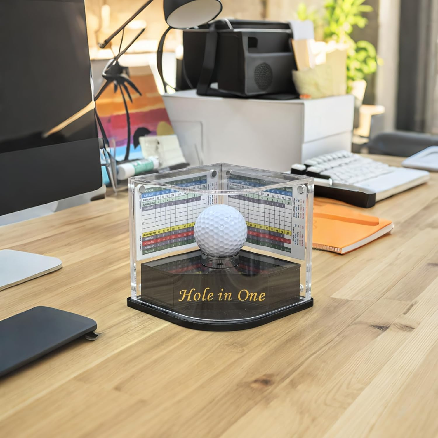 Hole-In-One Golf Ball Display Case W/ 2X Background Frames & Pencil Holder|3-In-1 Golf Ball Holder & Memorabilia Storage Box|Adhesives Included image number 4