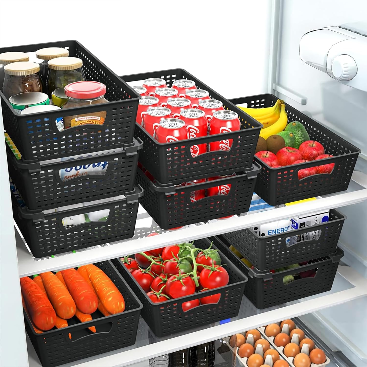 8 Pack Plastic Storage Baskets Set of Stackable Weave Baskets Sturdy Storage Containers with Handle for Shelves, Desktops, Cabinets, Bedrooms, Office (Black - 8 Pack)