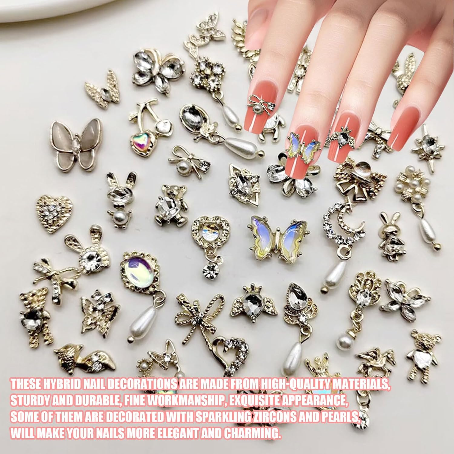 Nail Art Hearts and Bows,50Pcs Mixed 3D Gold Pearl Rhinestones Bowknot Luxury Dangle Nail Art Charms (C Mixed Pattern Gold)