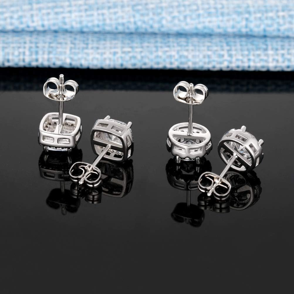18K White Gold Plated round Square Cubic Zirconia Simulated Diamond Halo Stud Earrings (2 Pairs) image number 4