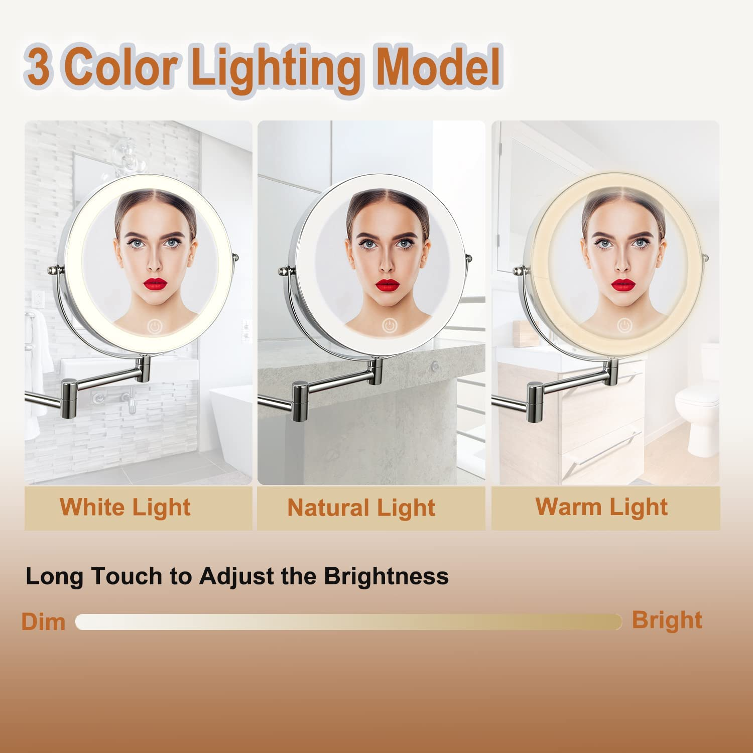Rechargeable 8 Inch Lighted Wall Magnifying Makeup Mirror with 3 Color Lighting Modes Magnified Double Sided 10X Magnification LED Vanity Mirror with Dimmable Lights image number 5