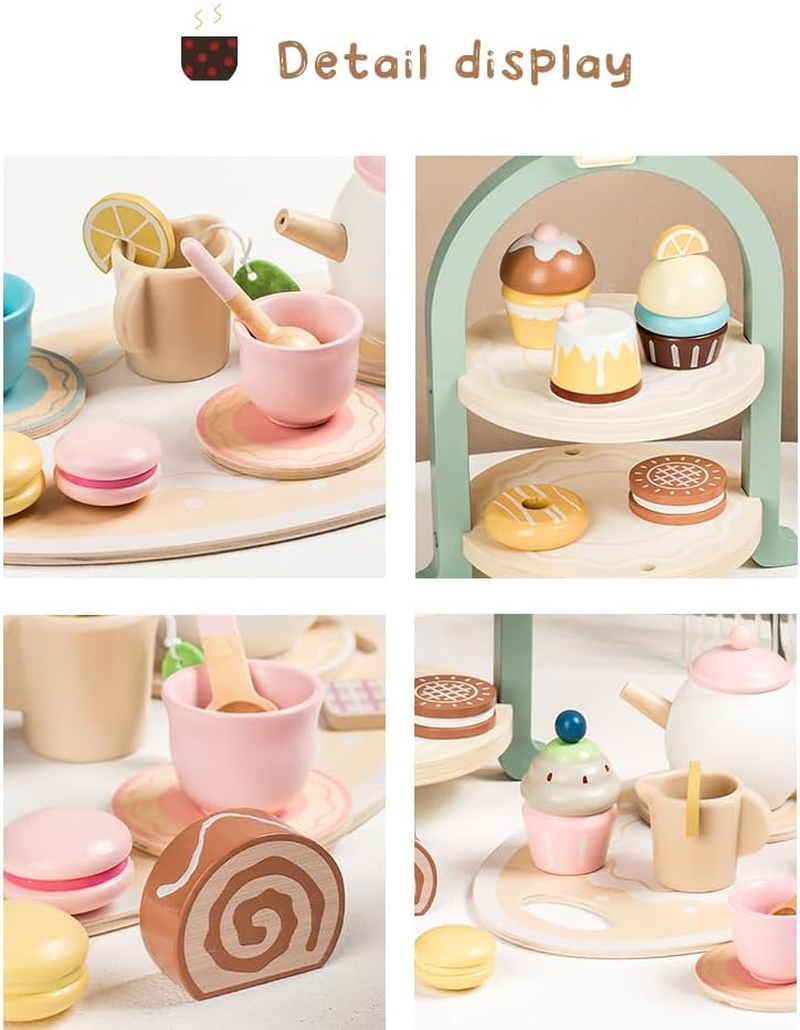 Wooden Tea Party Set for Toddlers 2 3 4 5 6, 24PCS Pretend Play Dessert Set with Cupcake Tower, Teapot, Cups, and Sweets, Montessori Toys Tea Set for Girls Birthday Gift, Kids Tea Party Set image number 2