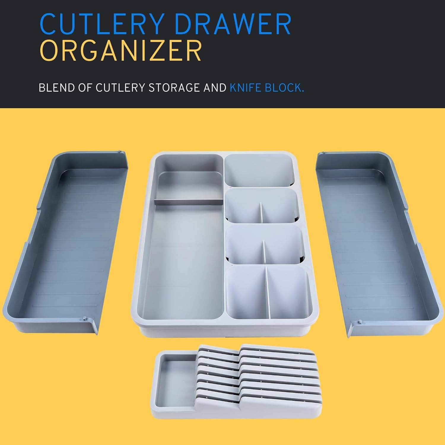 Daffodily Premium Cutlery Drawer Organiser Adjustable Cutlery Tray Extendable Kitchen Drawer Organiser for Forks, Spoons, Knives - Silverware & Flatware Holder. (TRAY + KNIFE BLOCK) image number 2