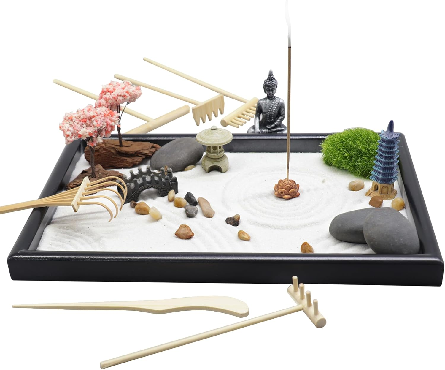 YUNGCHI Zen Garden for Desk Mini Japanese Sand Desktop Office Miniature Zen Garden Box with Kit 11.8 X 7.9 In image number 2
