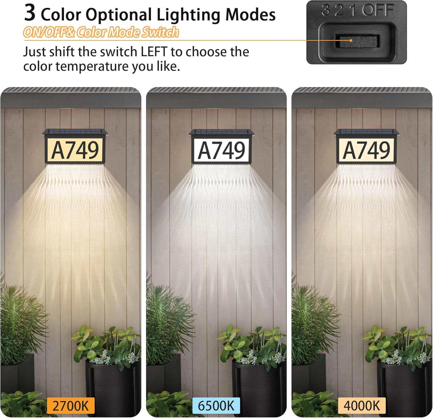 Solar Address Sign, House Numbers for outside Light Up, 3 Colors Waterproof LED Illuminated House Numbers with Stake, Wall Mounted/In Ground Solar Powered Address Plaque for Yard Garden Home image number 3