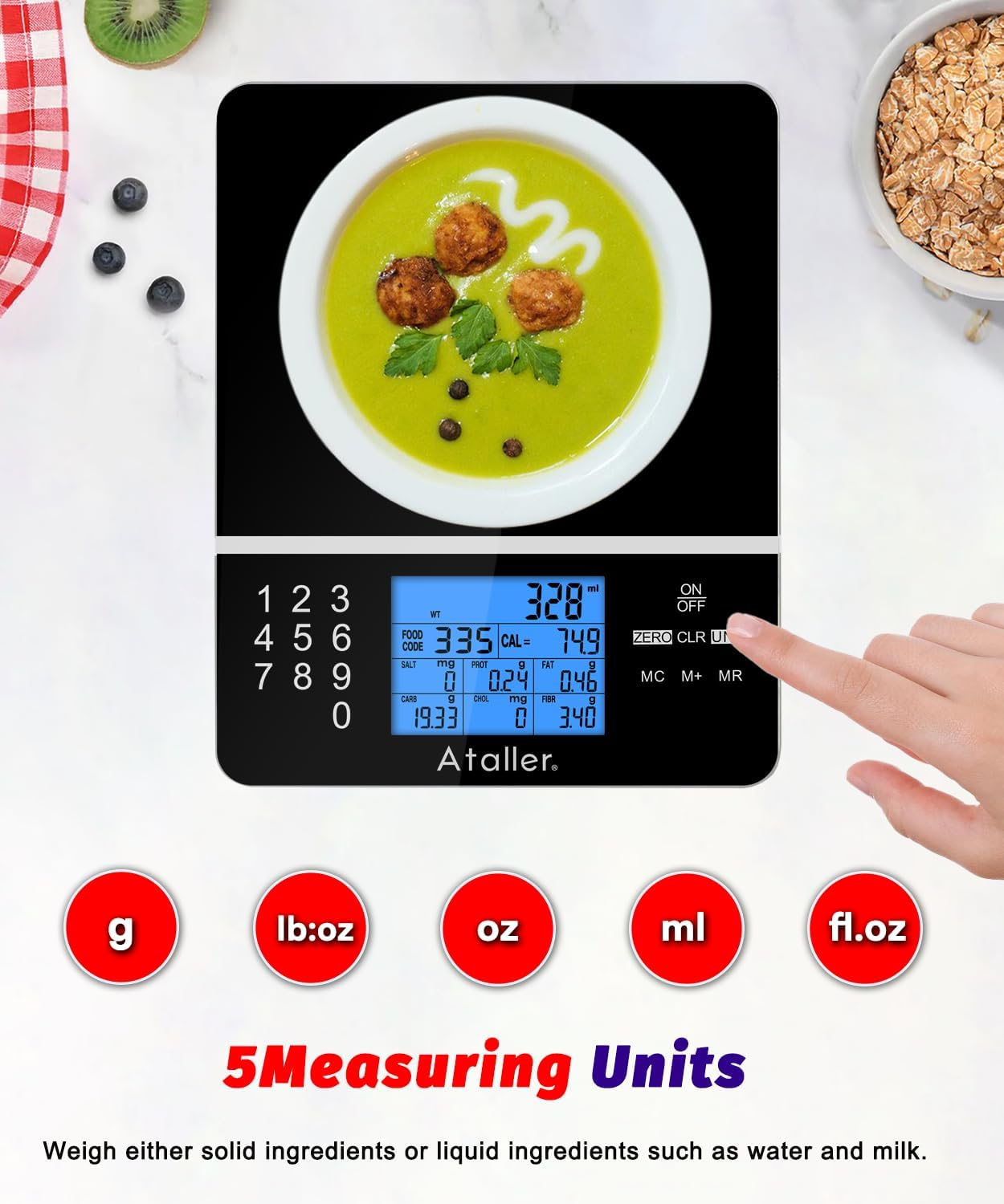 Ataller Food Scale with Nutritional Calculator, Kitchen Diet Scale, Digital Food Calorie Counting Scale for Meal Prep, Kitchen, Baking, Weight Loss, Resolution 1G, Max 5Kg 11Ib, Tempered Glass, Black image number 2