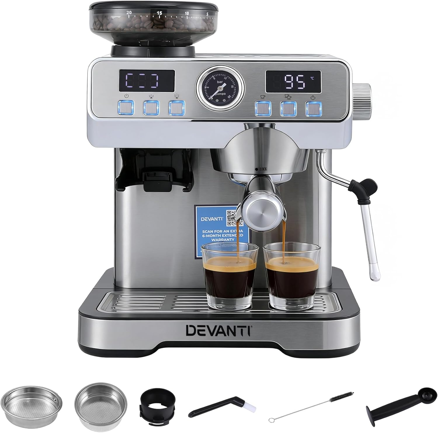 Devanti Coffee Machine with Grinder, 20 Bar Pressure Automatic Espresso Latte Cappuccino Maker Milk Frother Steam Wand Temperature Control 2L Water Tank Home Appliance Clean Brush image number 1