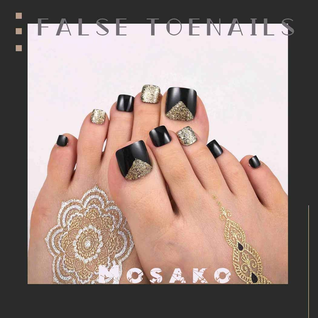 Mosako Glitter Sequins Press on Toenails Short Square Fake Toenail Sparkle Paillette Glossy False Toenail Full Cover Toe Nail Tips Designer Fancy Feet Nails Manicure for Women and Girls 24Pcs (Black-1)