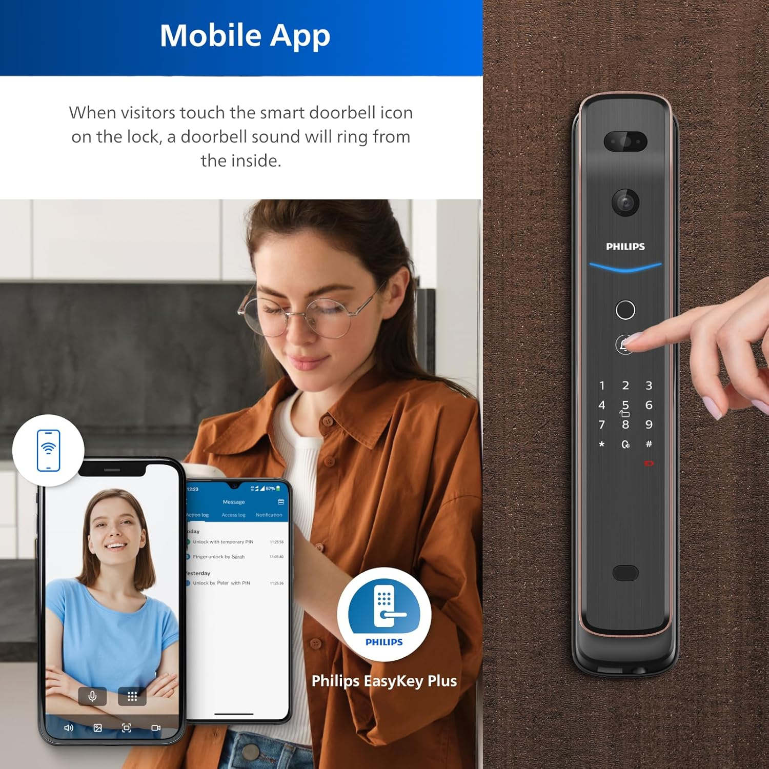 Philips Easykey Smart 3D Facial Recognition & Video Intercom Door Lock - Smart Door Lock Australia, Fingerprint Lock, Smart Home, Home Improvement, Keyless Door Lock, Door Safety Lock- Copper - Copper image number 5