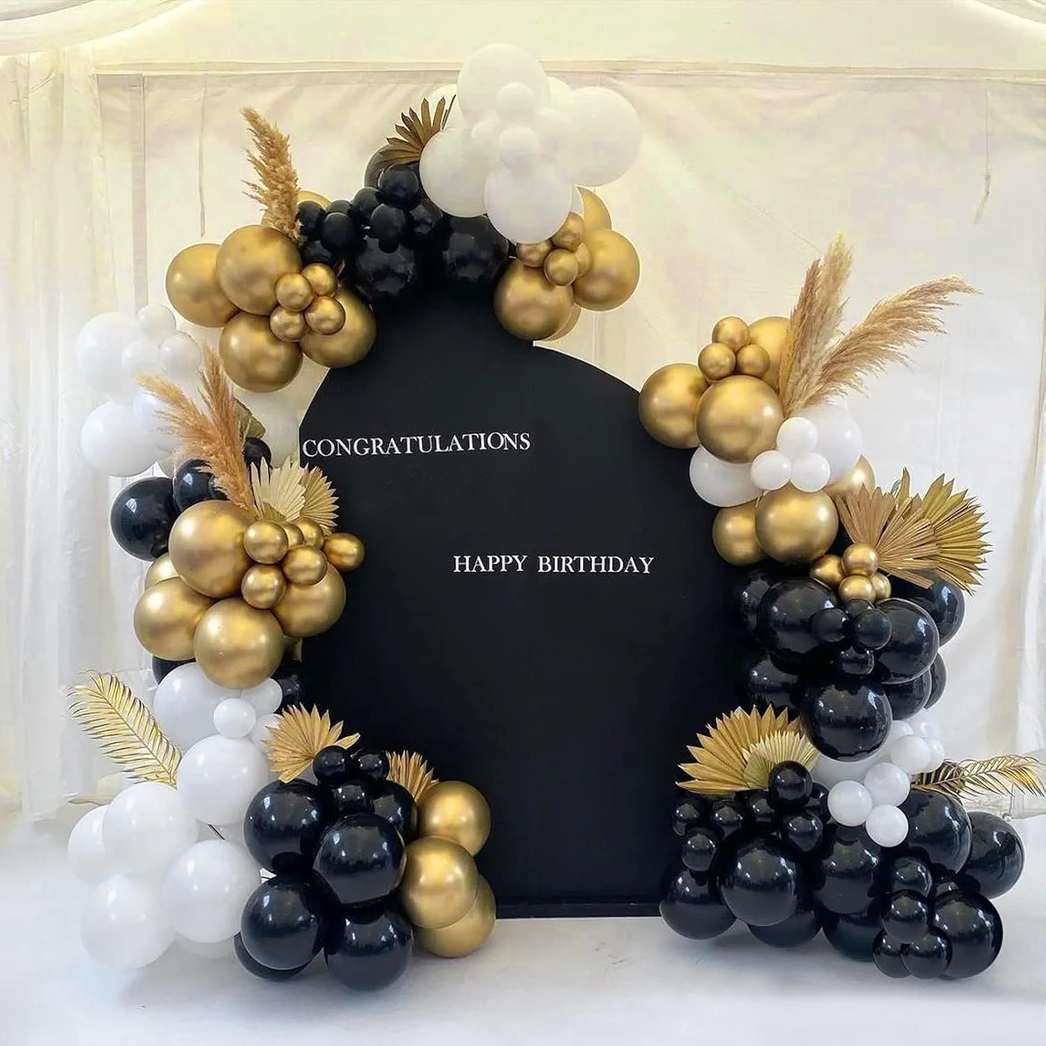 FOTIOMRG Black Balloons 12 Inch, 50 Pack Latex Party Helium Quality for Birthday Graduation Baby Shower Halloween Father'S Day Decorations (With Ribbon) Gold,White