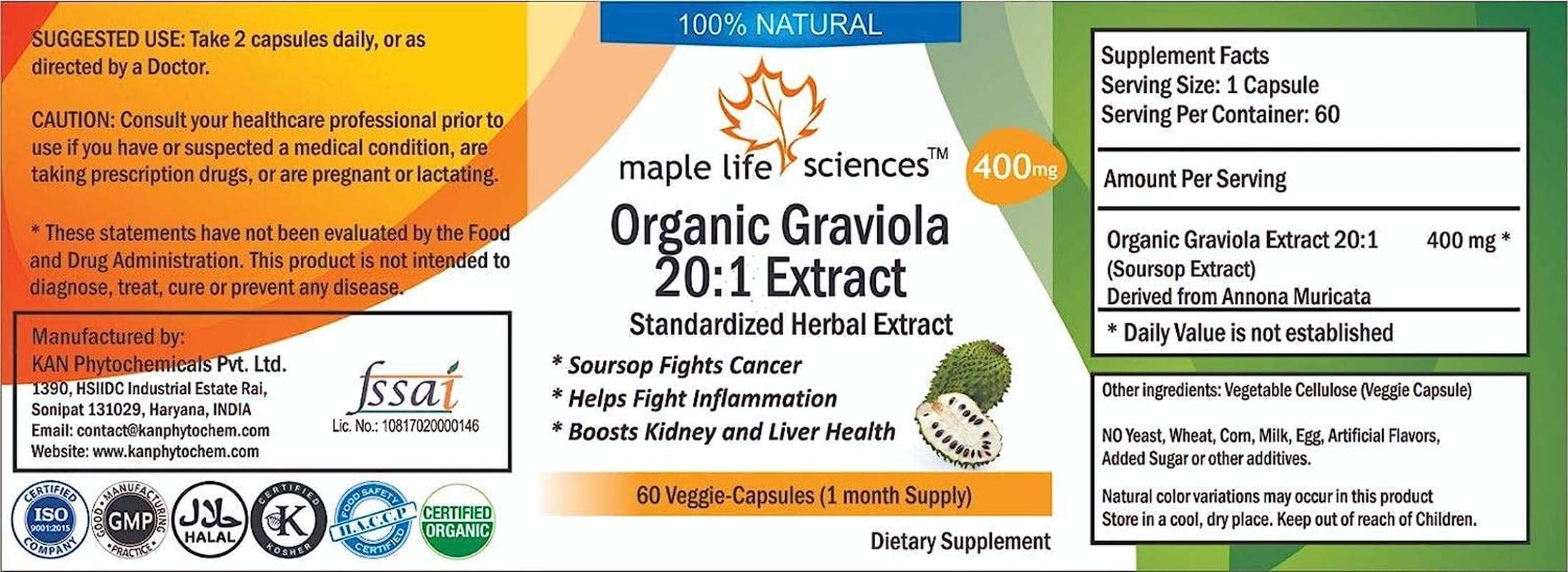 Organic Graviola 20:1 Extract - 60 Vegan Capsules (Soursop Extract) - 400Mg image number 1