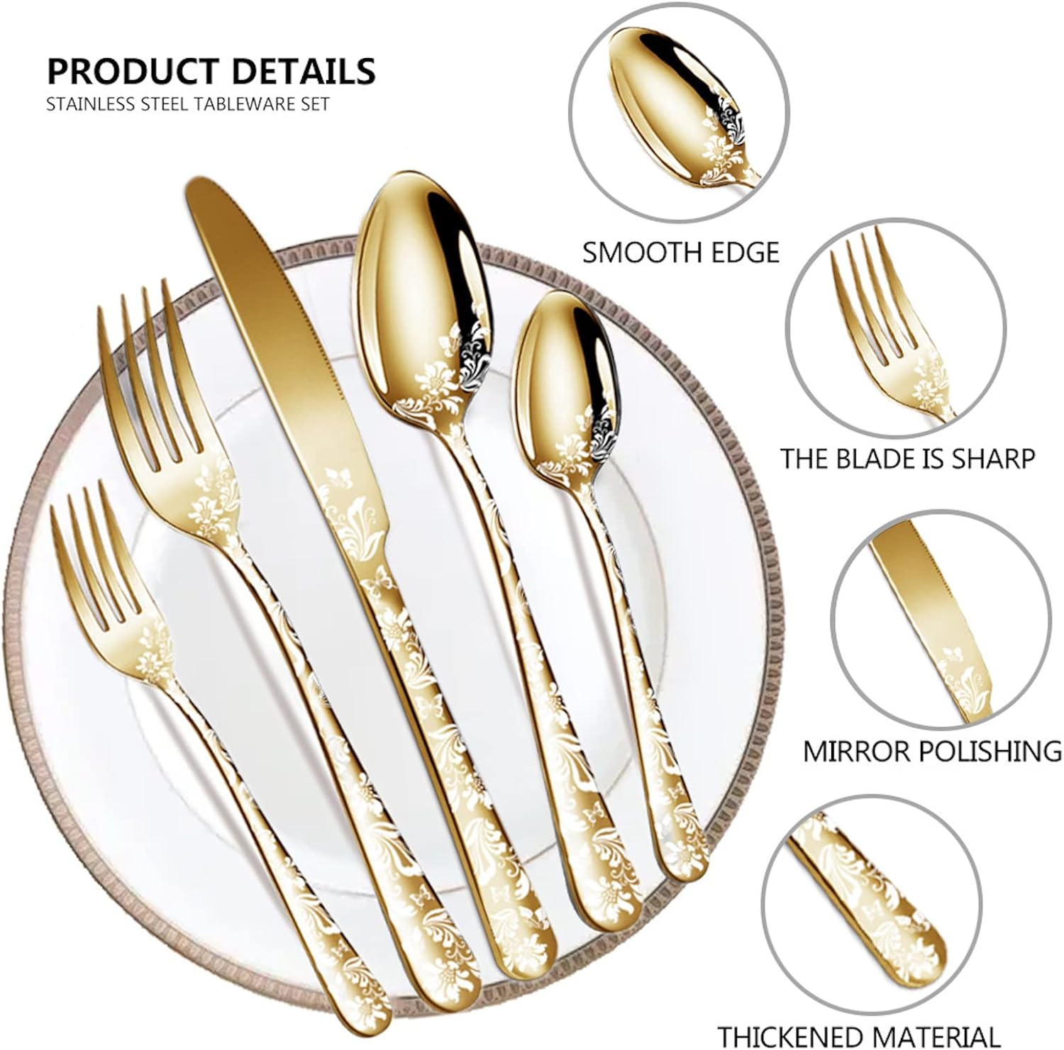 Vilihkc 20 Piece Unique Pattern Design Silverware Set, Stainless Steel Flatware Set Service for 4, Gold Cutlery Set, Mirror Polished Utensil Set for Kitchen, Dishwasher Safe - Colorful image number 3