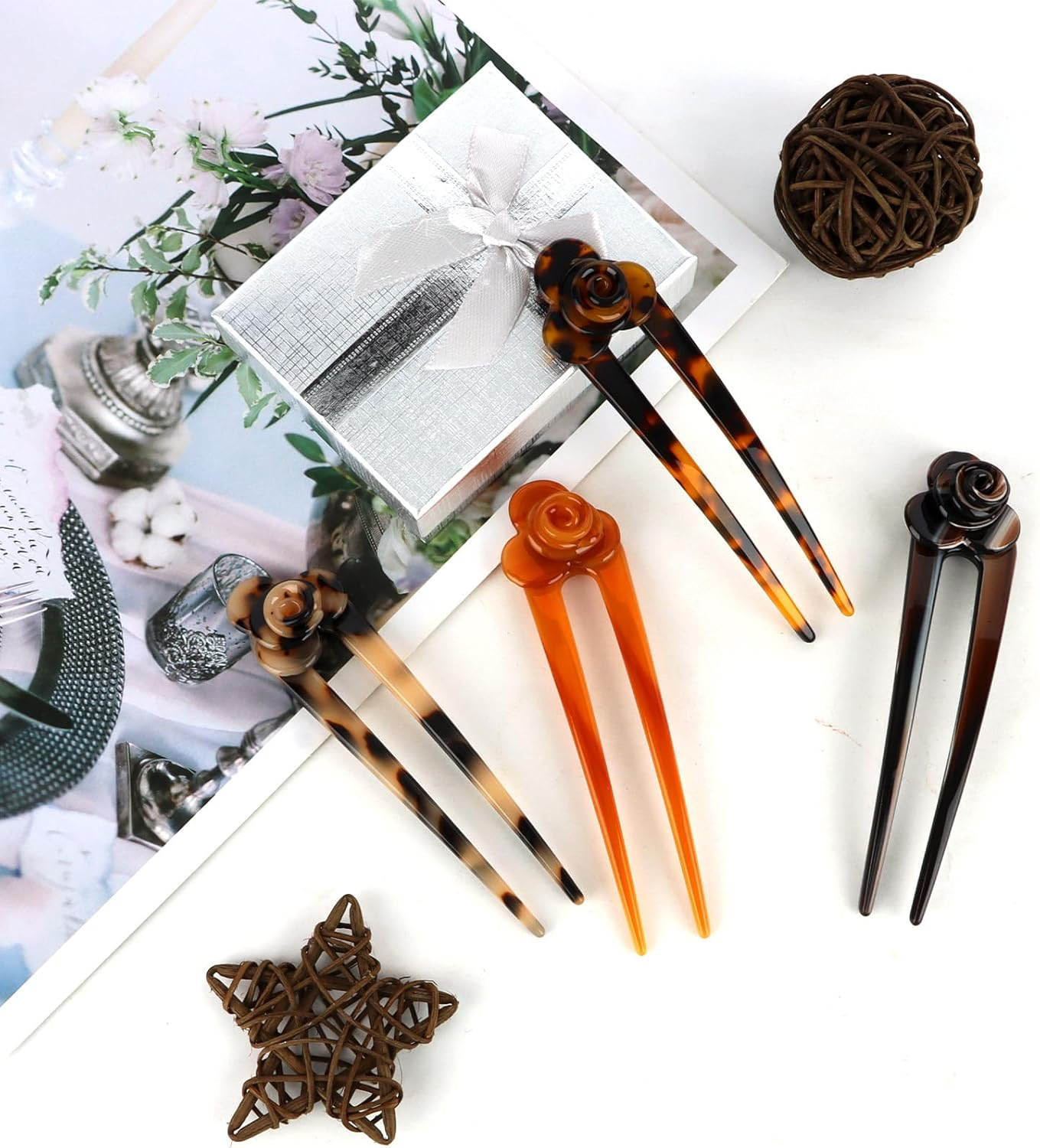 EXIPSAT Pack of 4 Tortoiseshell Flower Hair Pins U Shape Hair Clips Hair Clips for Women with All Hairstyle Styles