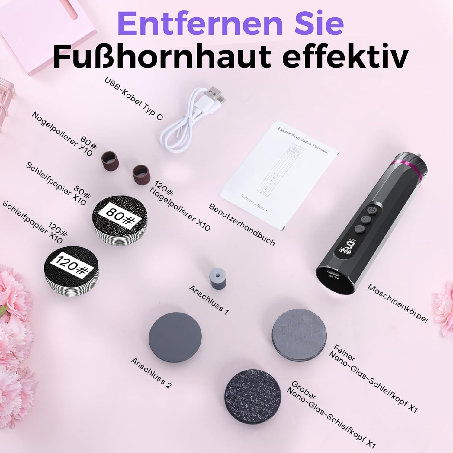 Bostar Electric Callus Remover, 9 Gear, 3-In-1 Professional Callus Removal, Foot Care, Nail Care, Pedicure Set with LED Display, 2 Nano Glasses, 40 Replacement Pads for Dead Hard Skin Women (Pink) image number 2