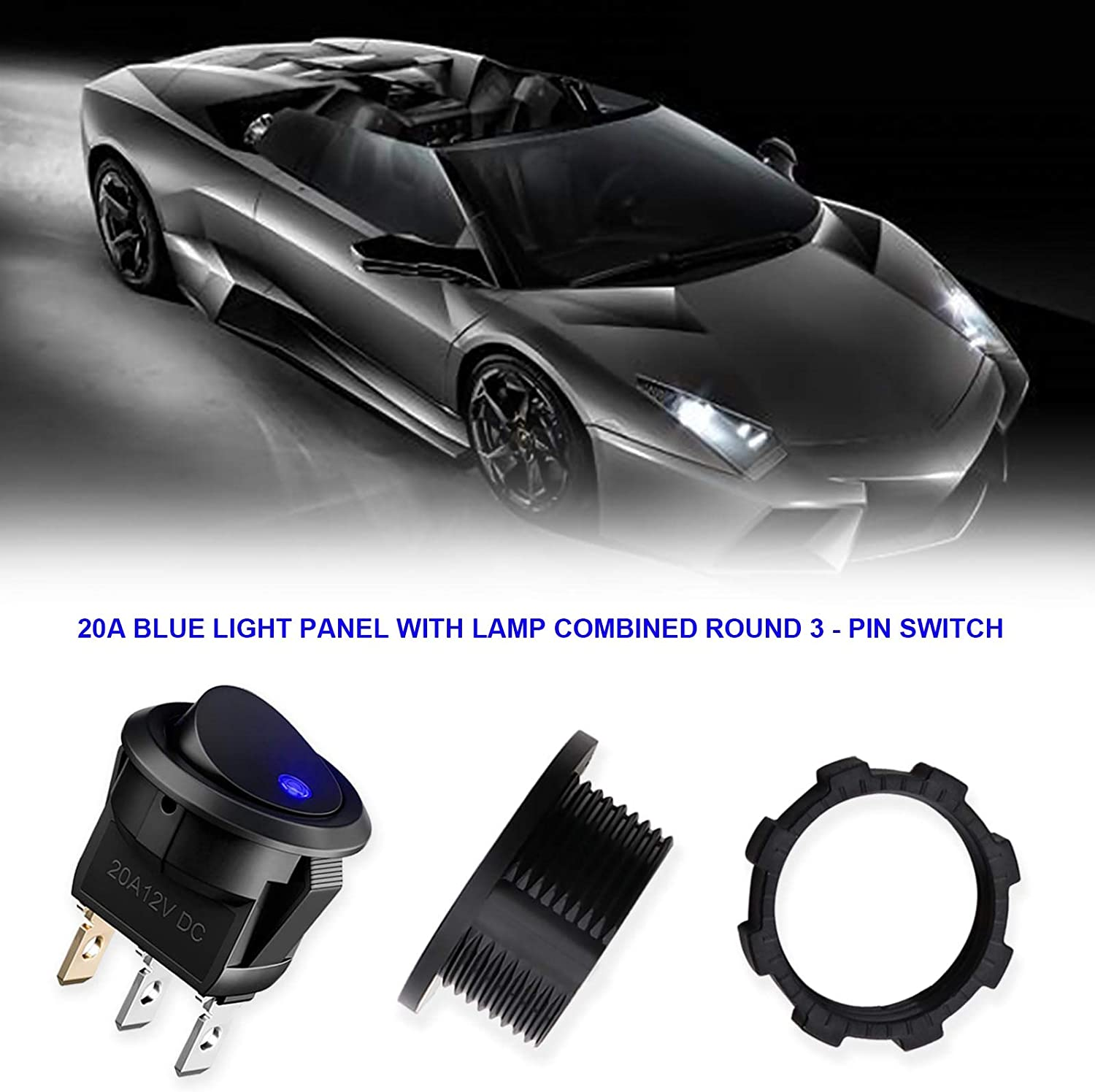 Emsea 3PCS round Rocker Toggle Switch 12-24V 20A Blue LED Light On/Off Control Button 3Pins with 9 Connection Cables for Car Caravan Truck Boat image number 3