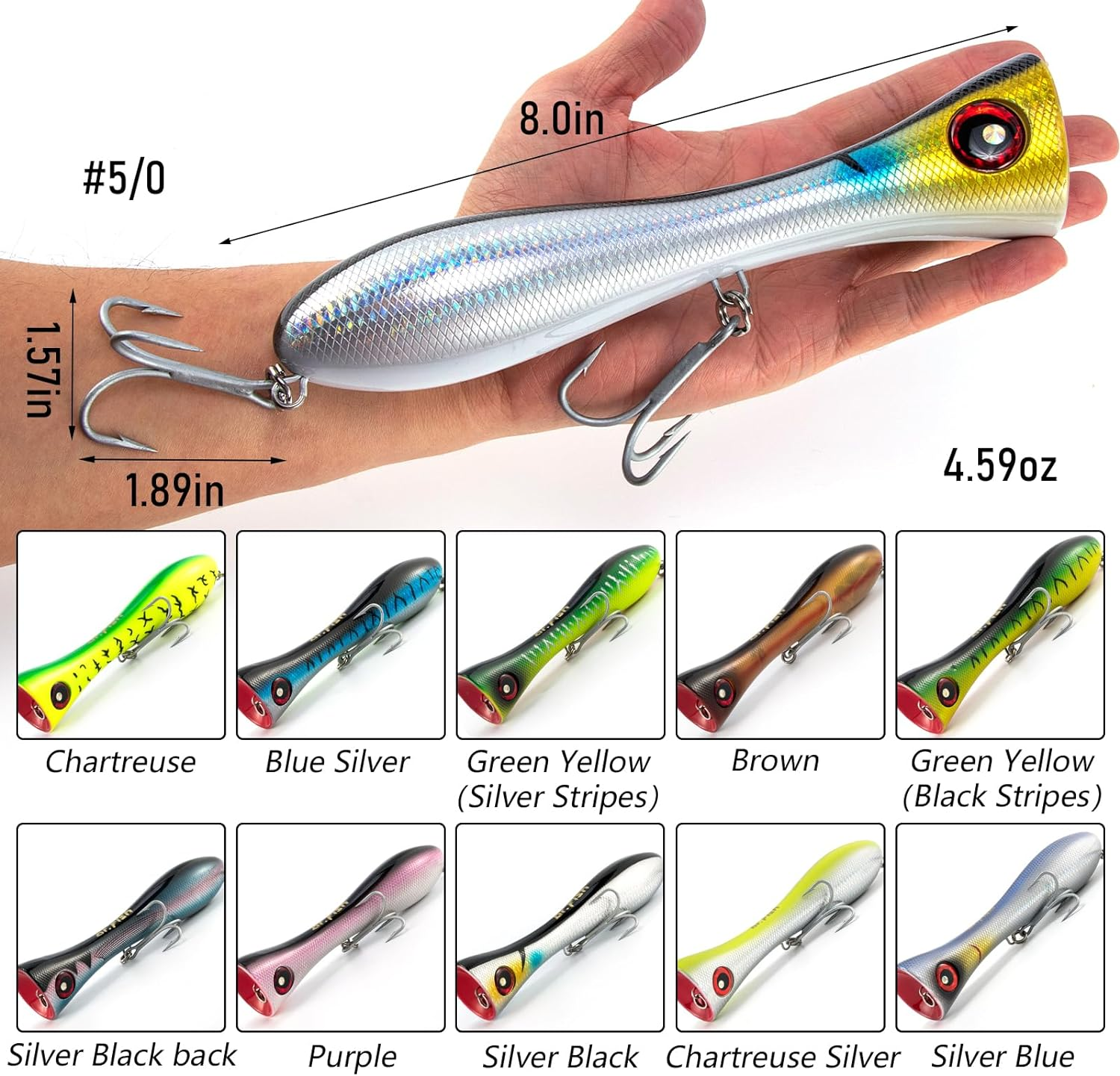 Dr.Fish Saltwater GT Popper 8" Fishing Lures Topwater VMC Treble Hooks Surf Fishing Offshore Big Game Wire through Heavy Duty - Black,Blue image number 6