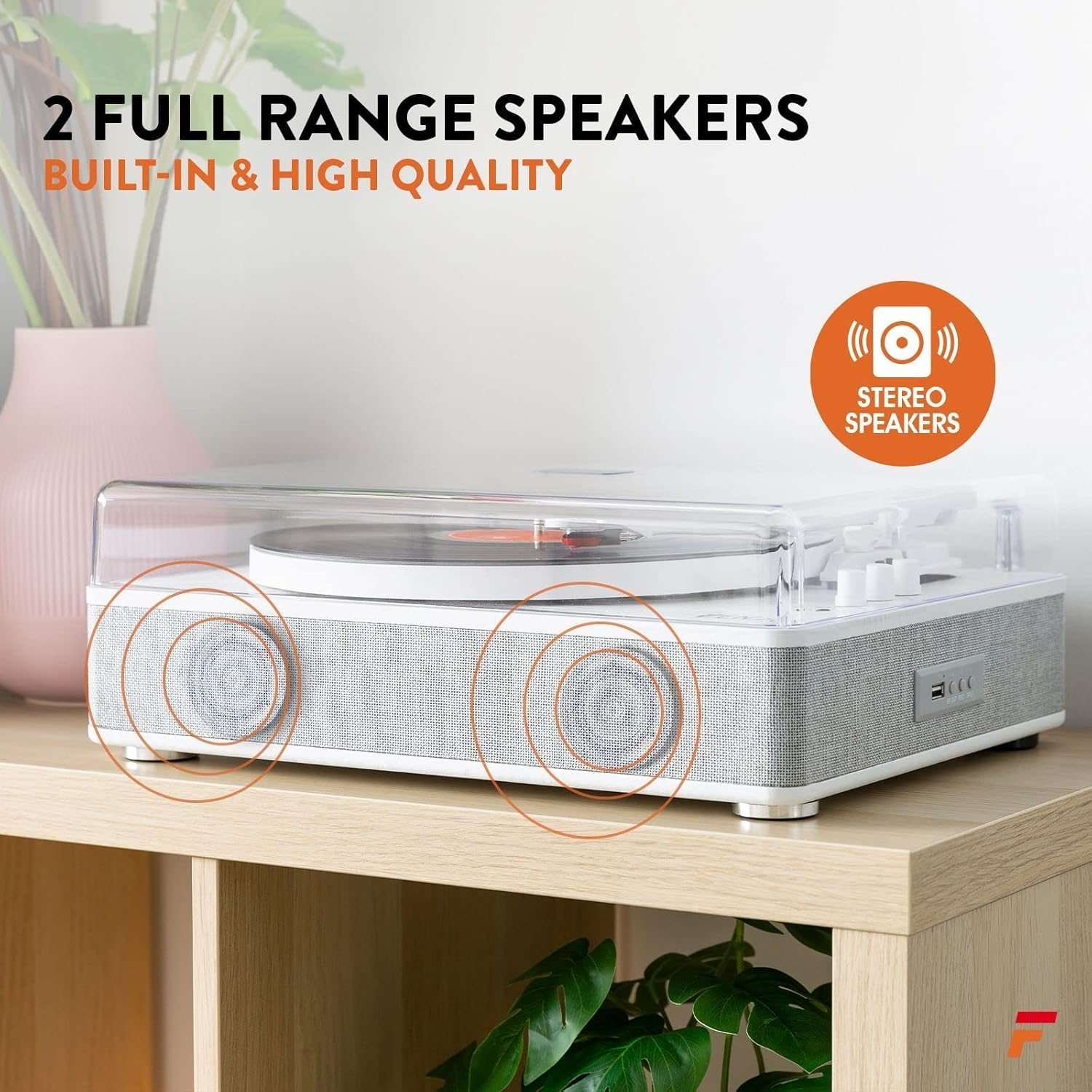 Fenton RP162W Record Player with Bluetooth Output, White Record Player with Built-In Speakers, Bluetooth Transmitter Turntable for Wireless Streaming, Stylish Vinyl Player, 33 & 45 RPM Support